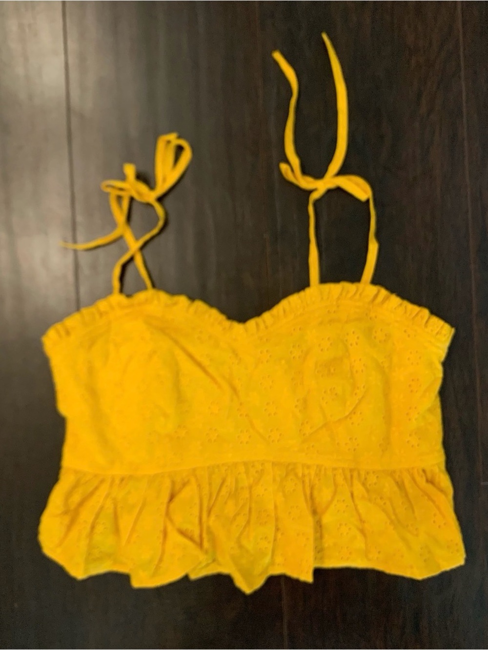 Cozy Casual Yellow Eyelet Ruffled Crop Top